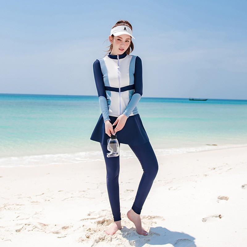 Womens UV Protection Long Sleeve Skirted Two Piece Swimwear Snorkeling Surfing Swimming