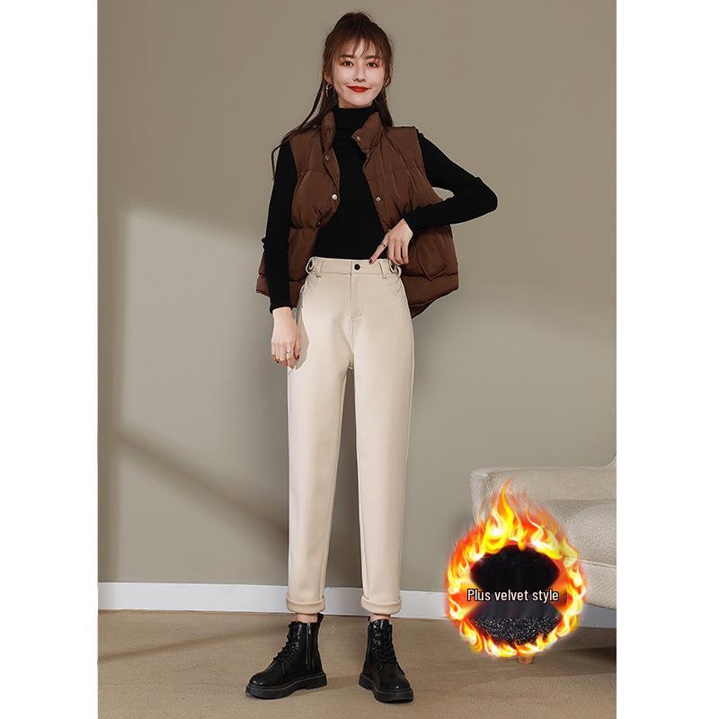 Women's Black Wool Fleece-Lined High Waist Loose Straight-Leg Harem Pants for Autumn and Winter