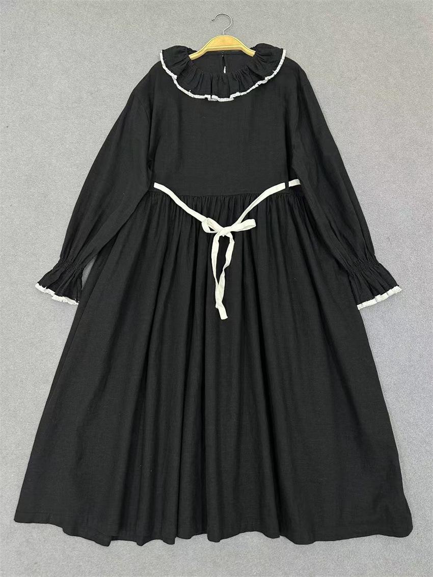 

Платья Johnature Autumn Forest с оборками и воротником, женские платья в японском стиле с завязками на талии, свободные платья One Size чёрный