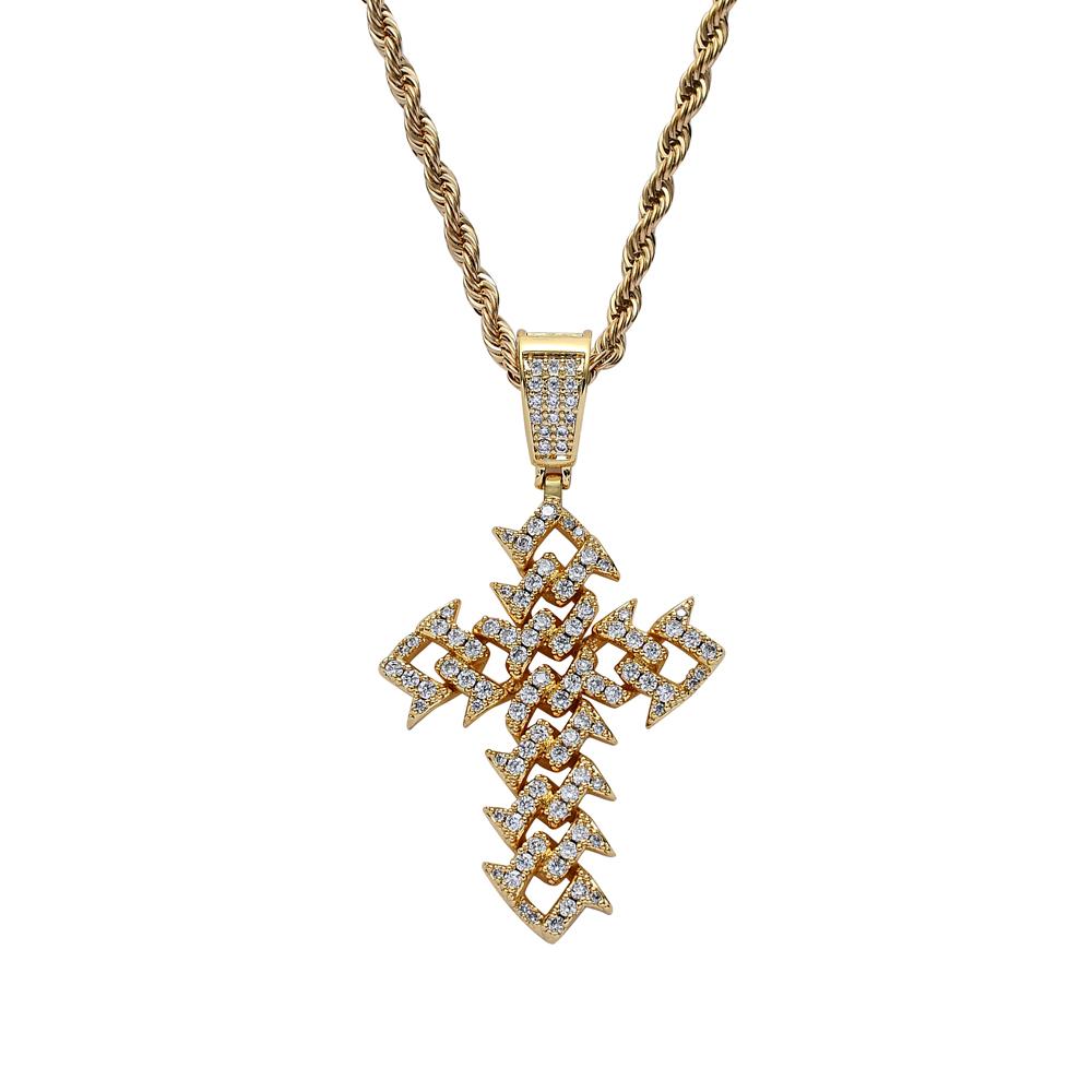 CN232 Gold Plated Brass Zircon Cuban Link Cross Pendant Iced Out Cubic Zircon Necklace Hip Hop Unisex Gift Jewelry Bling Bling 18inches(45.72cm) золотой