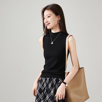 Sheep Wool Semi High Neck Knitted Vest for Women In Spring 2026, Versatile and Slimming Sleeveless Top