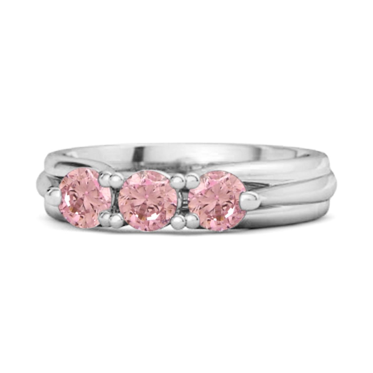 Pink CZ Three Stone Women Wedding Ring - 925 Sterling Silver 11