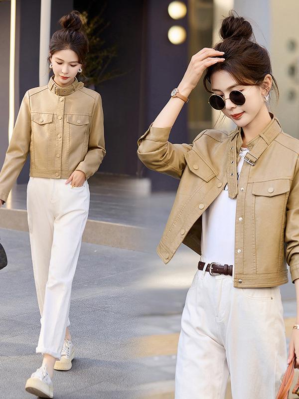 

Genuine Women s Spring/Autumn Thin Short Leather Motorcycle Jacket with Stand Collar M