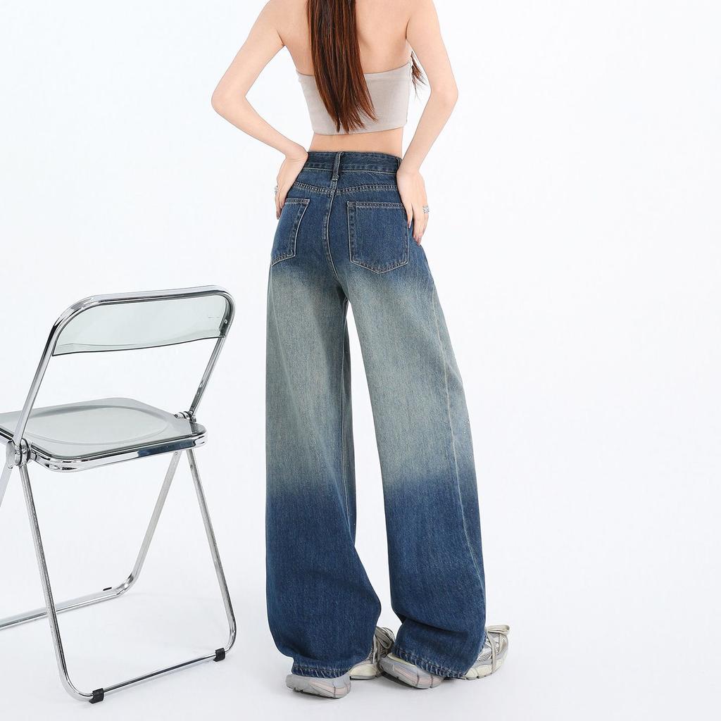 Spring Summer Gradient Color Rhinestone High Waist Relaxed Wide Leg Straight Slim Trendy Denim Casual Pants Female Casual Oversize Denim Trousers