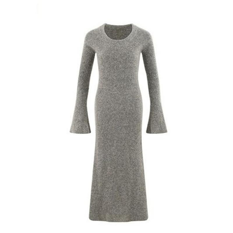 Gray Knitted Dress Women's Autumn and Winter New Round Neck Flared Sleeves Slim and Thin Bottom Dress