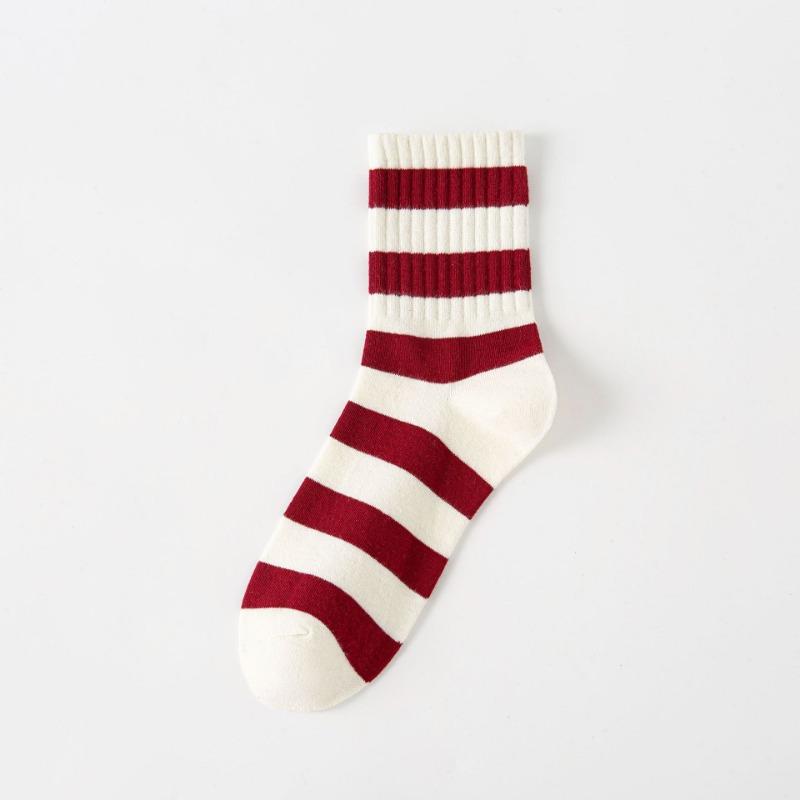 Autumn and Winter Socks for Women, Encore Red Bow Mid-calf Socks, Striped Versatile Cotton Women's Socks, Zhuji Socks