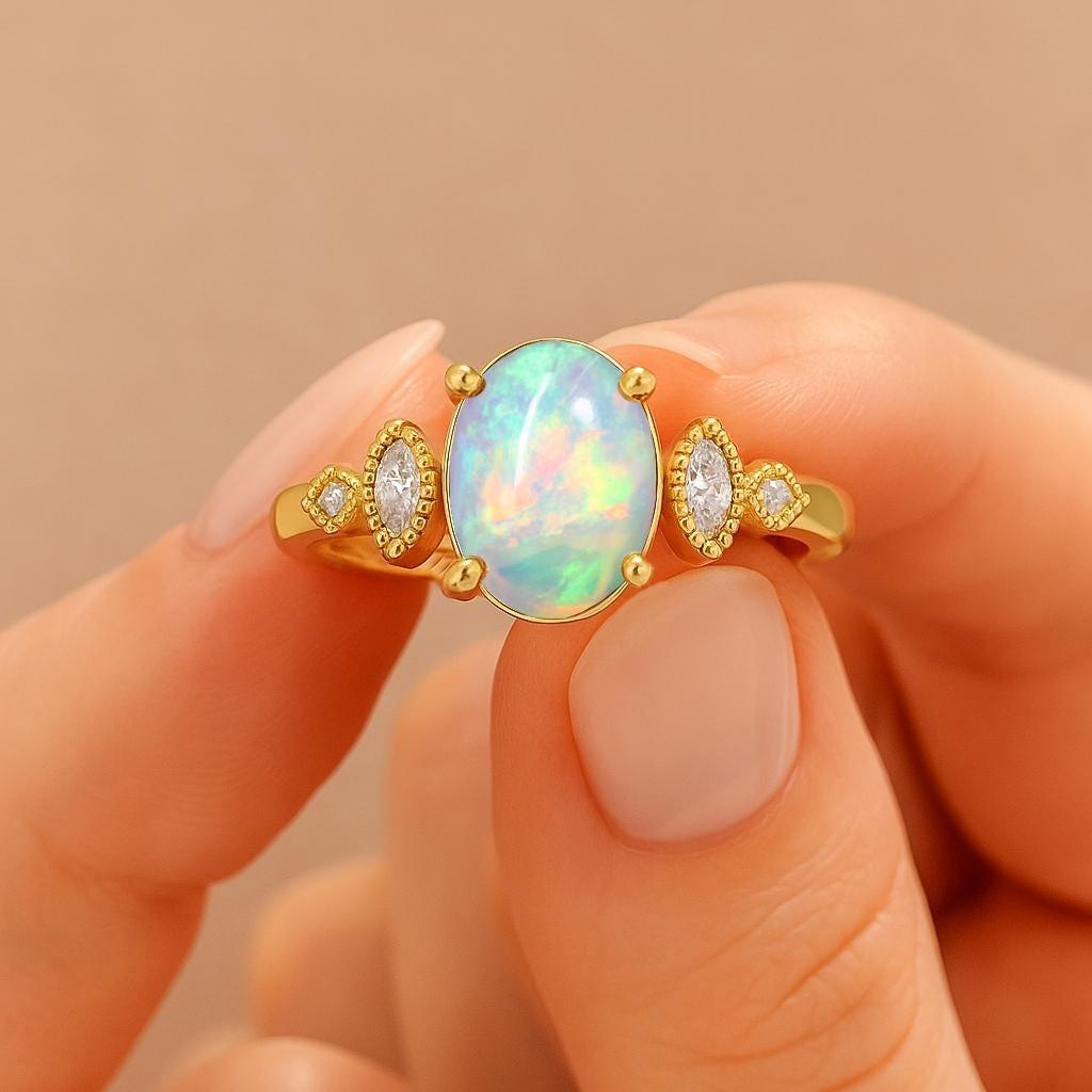 Naturlig Vit Opal Ädelsten Guld Statement Ring, Eld Etiopisk Opal Ädelsten Guldring, Födelsesten Ring för Kvinnor, Opal Minimalistisk Gåva