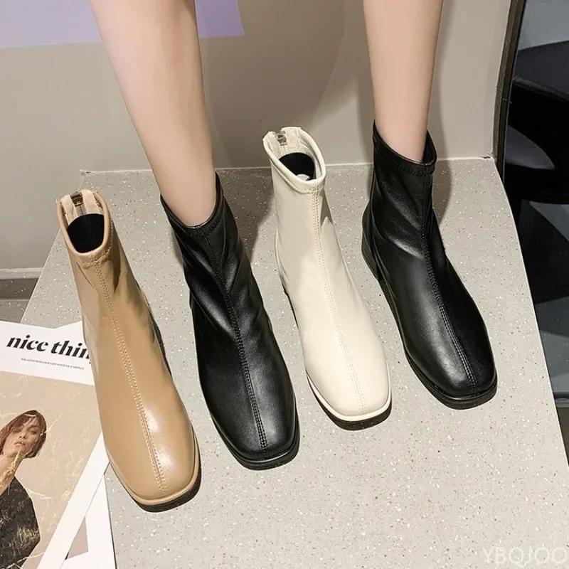 2025 Autumn/Winter New Square Zipper Women's Retro Short Boots with Middle Heel and Ankle Fashion Elastic Socks Women's Boots