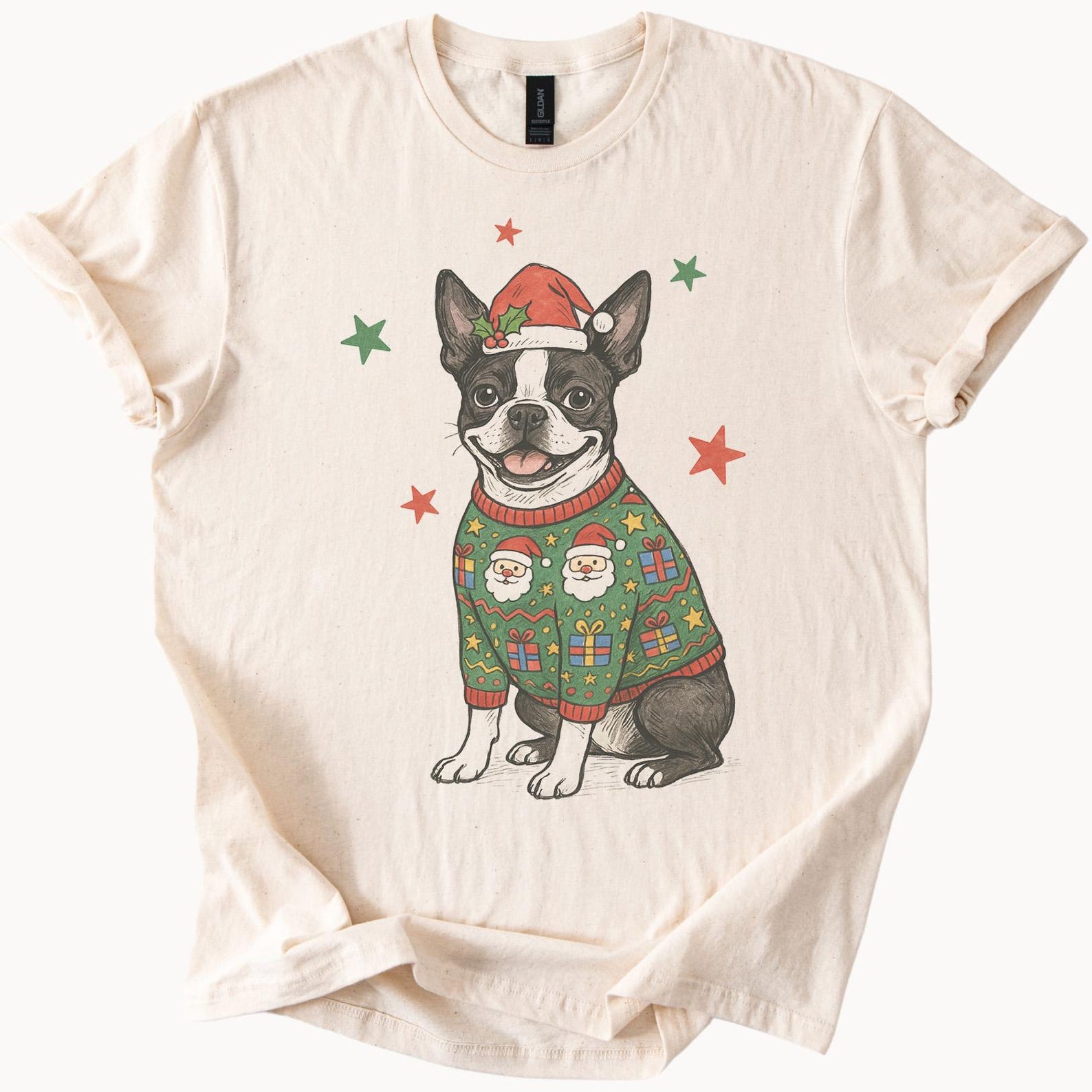 Boston Terrier Christmas Dog Shirt Cute Santa Hat Ugly Sweater Graphic Pet Lover Holiday Tee Gift Happy Smiling Dog Stars Presents 150