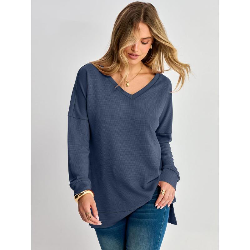 Women S V Neck Loose Long Sleeve Waffle Knit Solid T Shirt