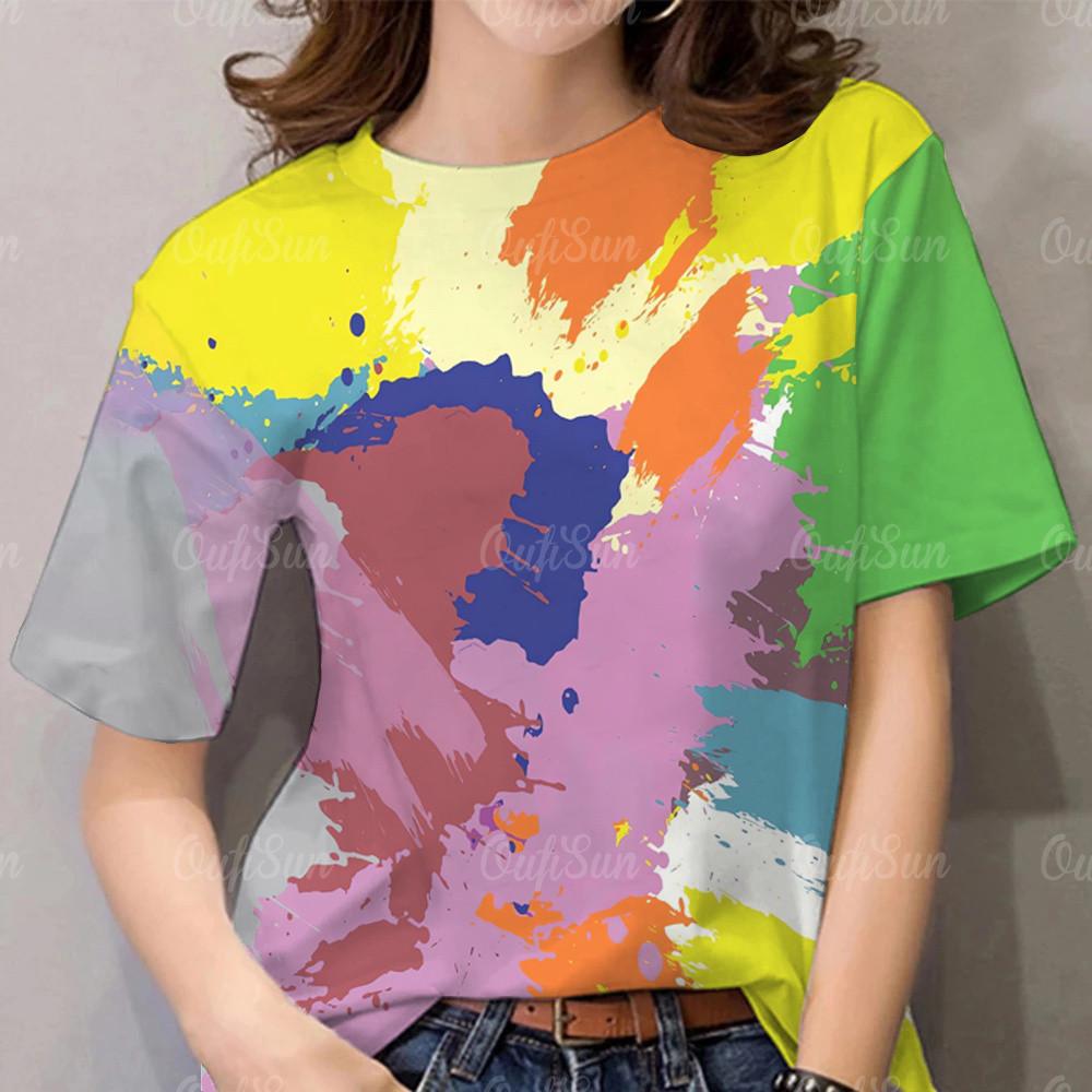 Rainbow tie dye fashionable T-shirt, moon print plus size summer T-shirt 2XS