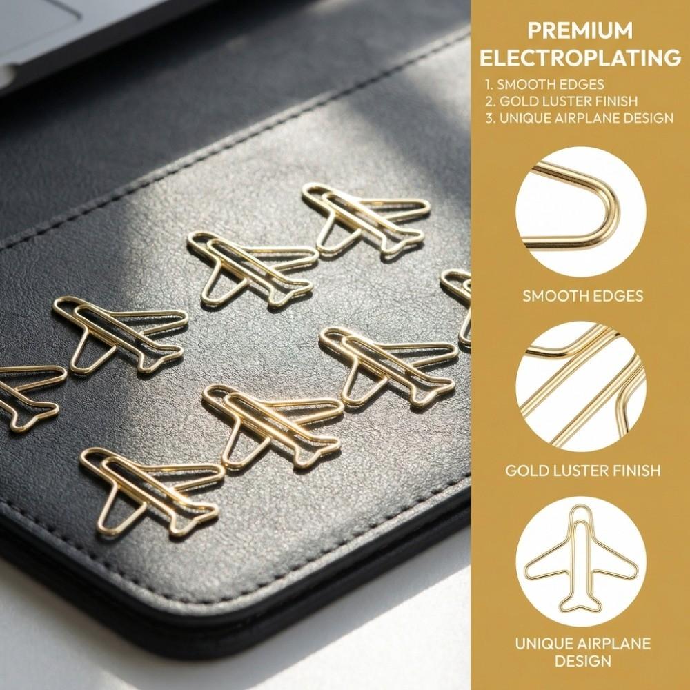 100PCS Funny Aircraft Shaped Paper Clips Gold Mini Size Jumbo Paper Clips Anti Rust Decorative Gold Paper Clips Stationery