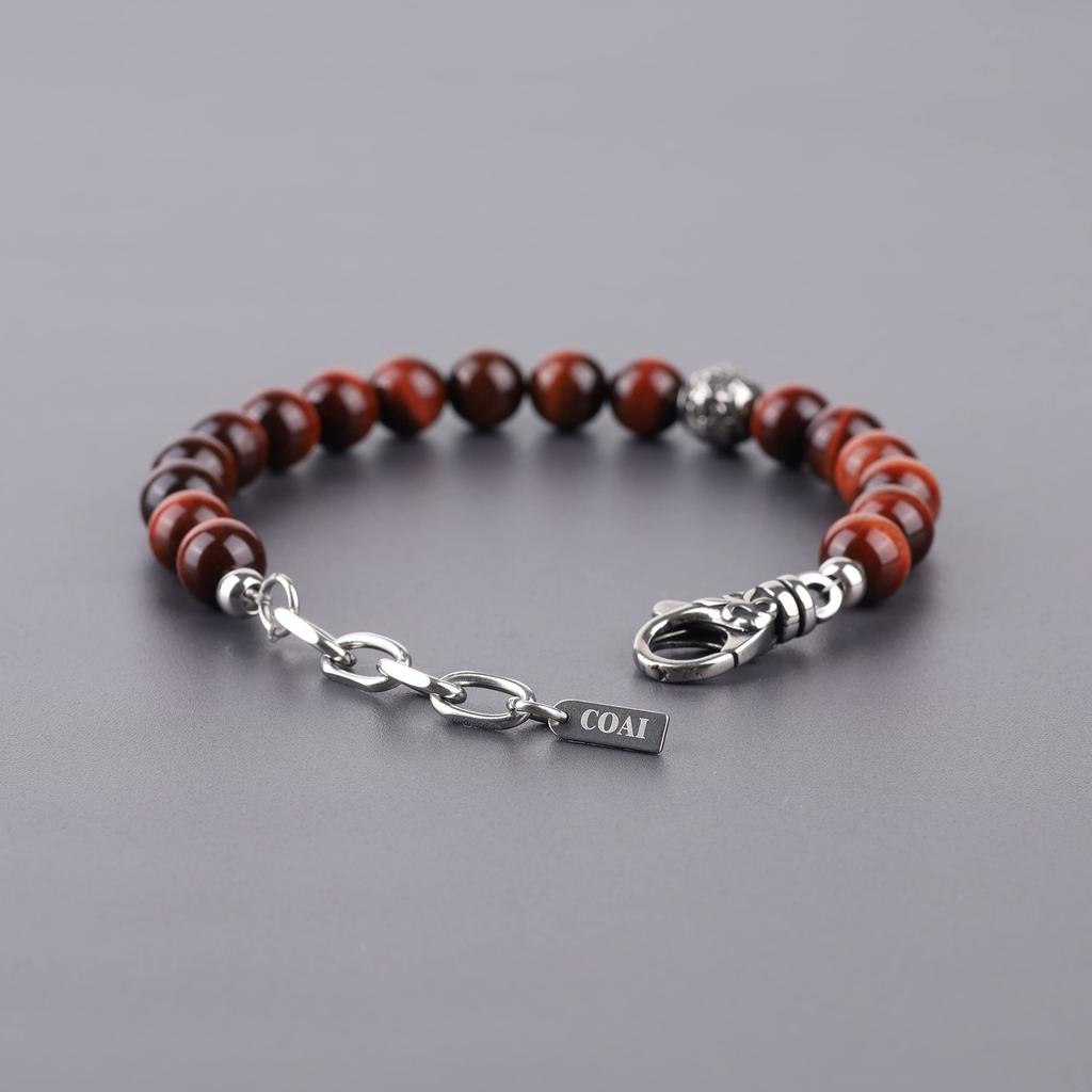 8mm Red Tiger Eye Lucky Charm Bracelet [COAI] Fleur-de-lis