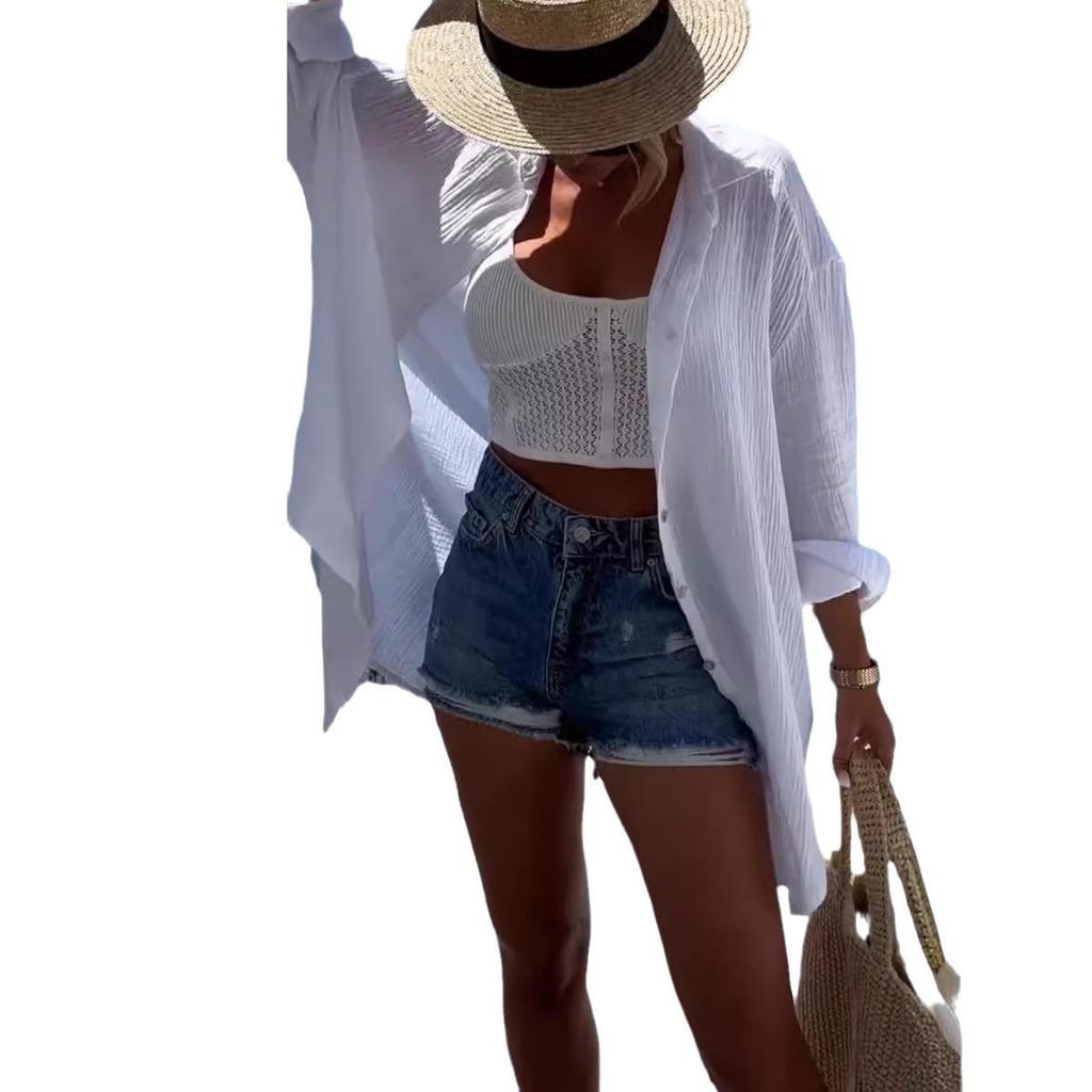 2024 Spring/Summer Women's Cotton Linen Turn-down Collar Long Sleeve Casual Shirt