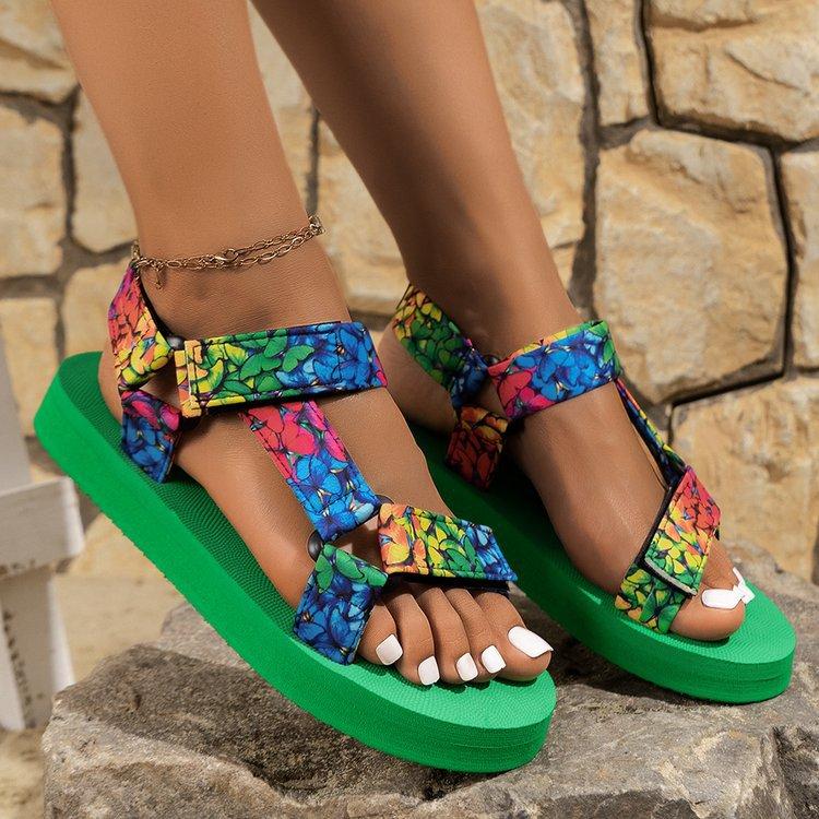 Platform sandals women's outer wear ethnic fish mouth color matching Velcro sandals