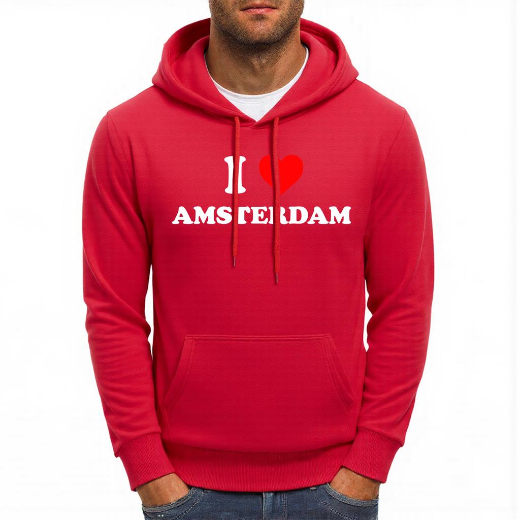I Love Amsterdam Letter Printing Men Hoodies Pocket Loose Soft Streetwear Vintage All-Match Hoodie Autumn Fleece Man Hoody