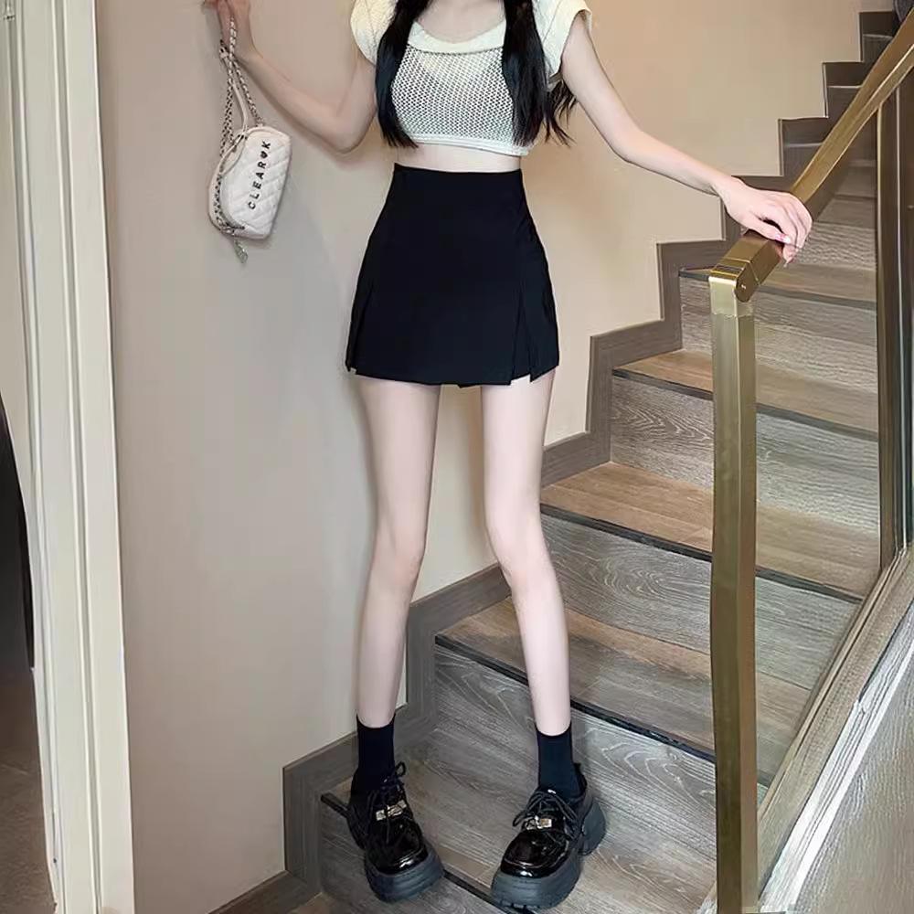 2024 Women's High-Waisted A-Line Black Suit Shorts: Slimming, Hip-Covering, Wide-Leg Skirt-Pants