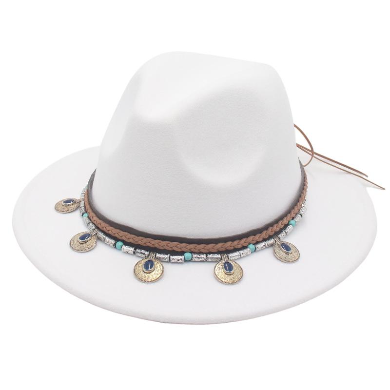 Flowing Beads Imitation Gemstone Tibetan Style Top Hat Jazz Dance Men'S And Women'S Big Eaves Hat