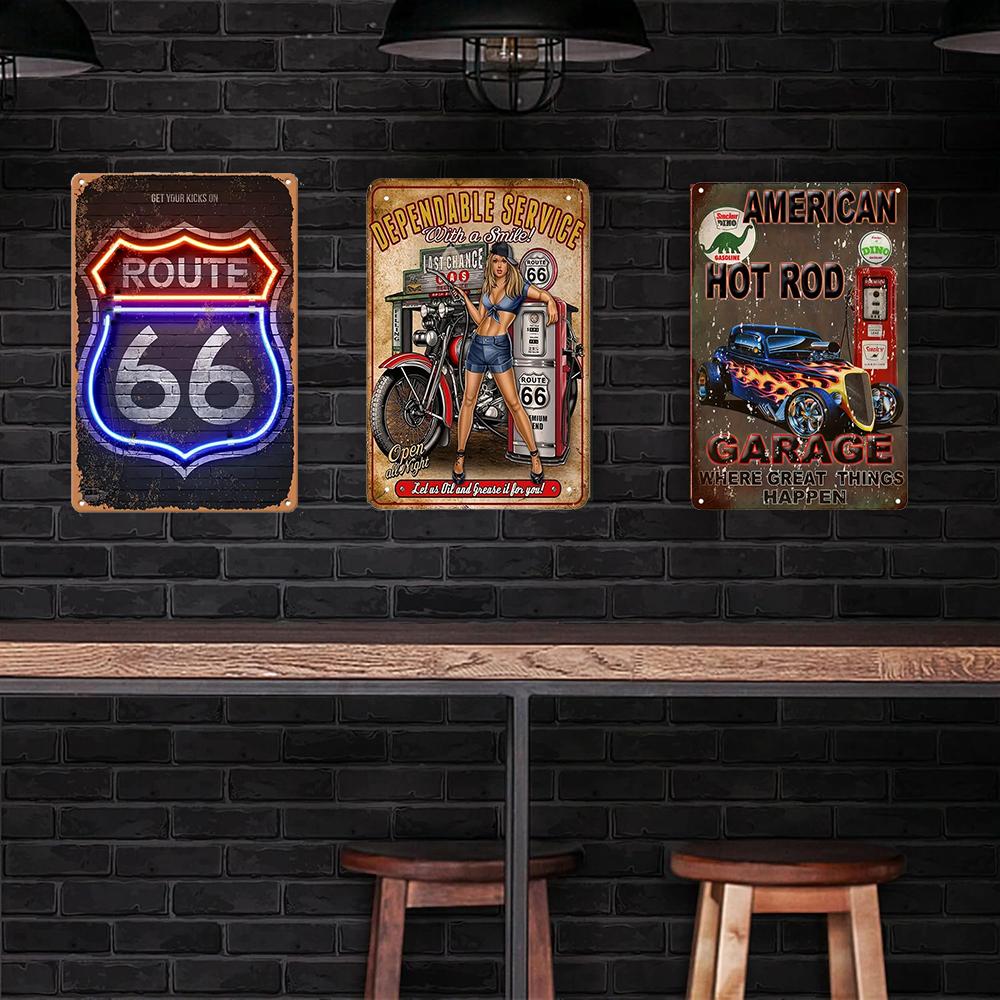 Hisun Blechschild Vintage Route Blechschilder Retro Amerikas Hauptstraße Metallwandkunst Klassisches Motorrad Hot Rod Garage Dekor Rustikal Historisch