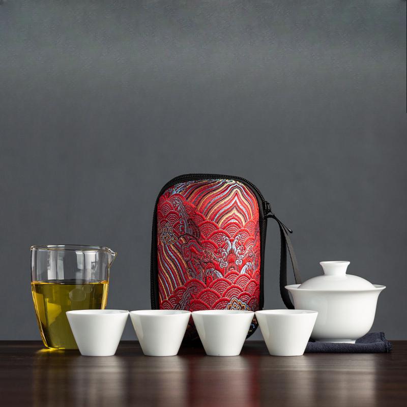 Dehua White Porcelain Travel Tea Set Outdoor Travel Portable Glass Quick Cup Cover Bowl Small Three Cups