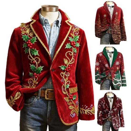 Płaszcz Garniturowy Sztruksowa Kurtka Zimowa Slim Fit Jednorzędowy Płaszcz Garniturowy Klapy Długi Rękaw Nadruk z Motywem Świątecznym 3D Odzież Wierzchnia