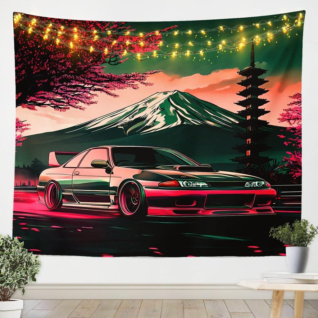 Japanese Car Tapestry, Fuji Mountain and Cherry Blossom Print Wall Hanging for Bedroom, Living Room and Aesthetic Decor