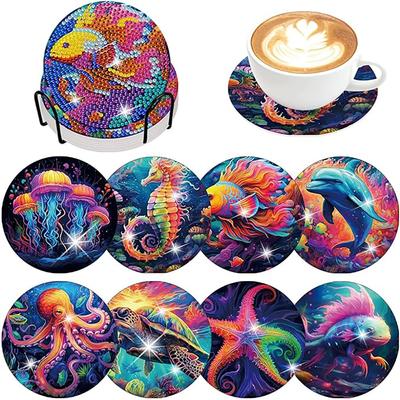8 Pieces/set of Diamond Painted Marine Animal Patterned Coasters with Brackets DIY Coasters for Beginners and Adults, Art and Craft Supplies Gifts