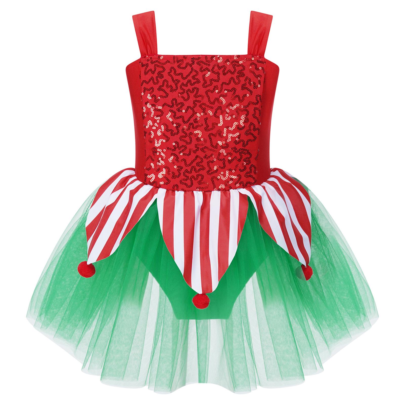 

Girls Christmas Jumpsuit Shiny Sleeveless Design Jagged Pompoms Tulle Skirt Costume Cosplay Dance Wear 5-6 Years