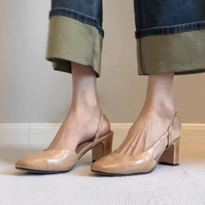 2025 Fashion Slingback Women Pumps Shoes Chunky Mid Heels Round Toe Cow Leather Summer Sandals Slip-On Shoes Dress 35-39