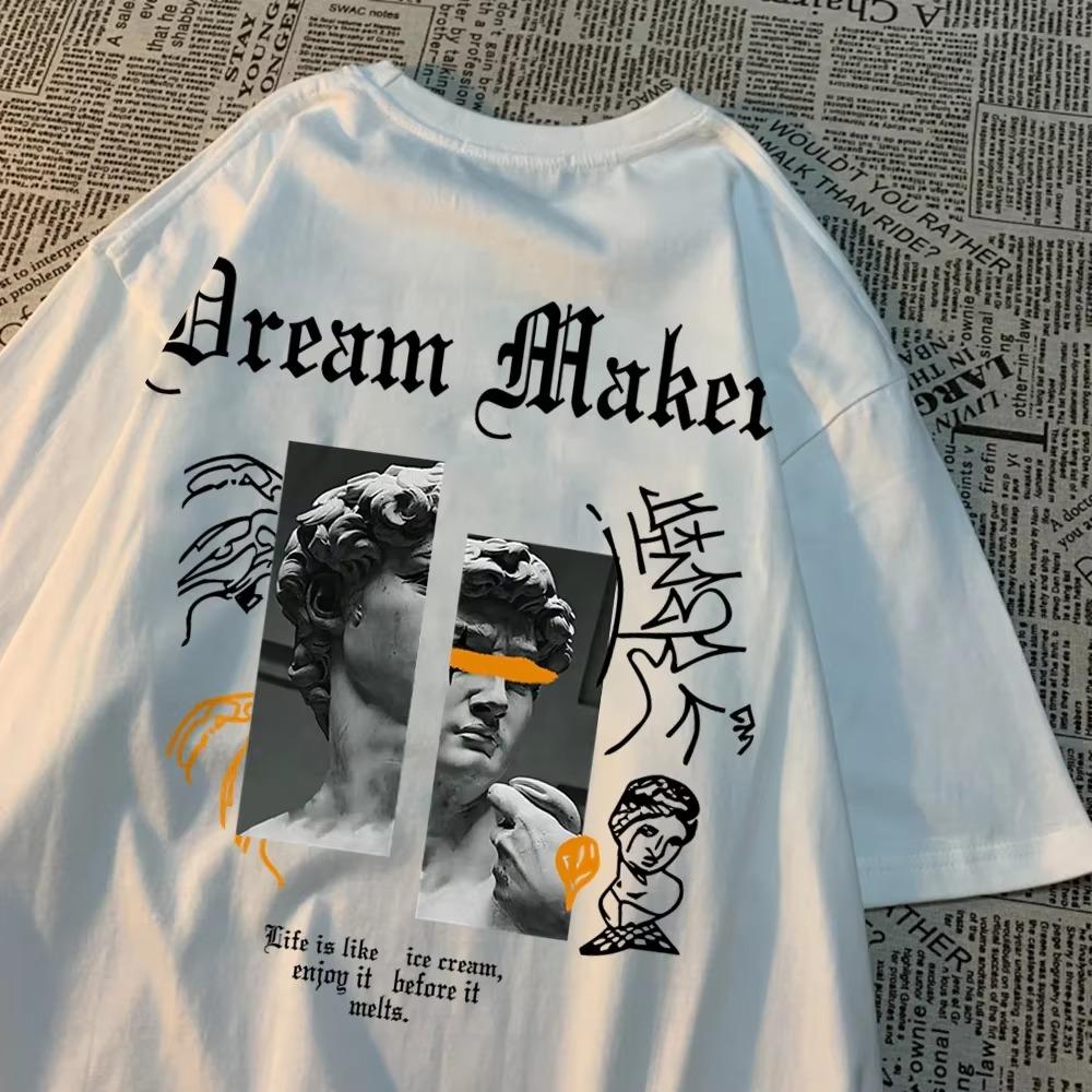 

Мечта Создатель Смелый Скульптура Pattern Одежда Мужская Винтаж Хлопок Уличная одежда Парные футболки с круглым вырезом Однотонные летние топы XXXXXL белый