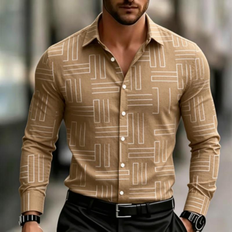 Men's Casual Geometric Lines with Digital Printing, Men's Long Sleeved Shirt, Fitted Version, Lapel Shirt, Trendy and Creative