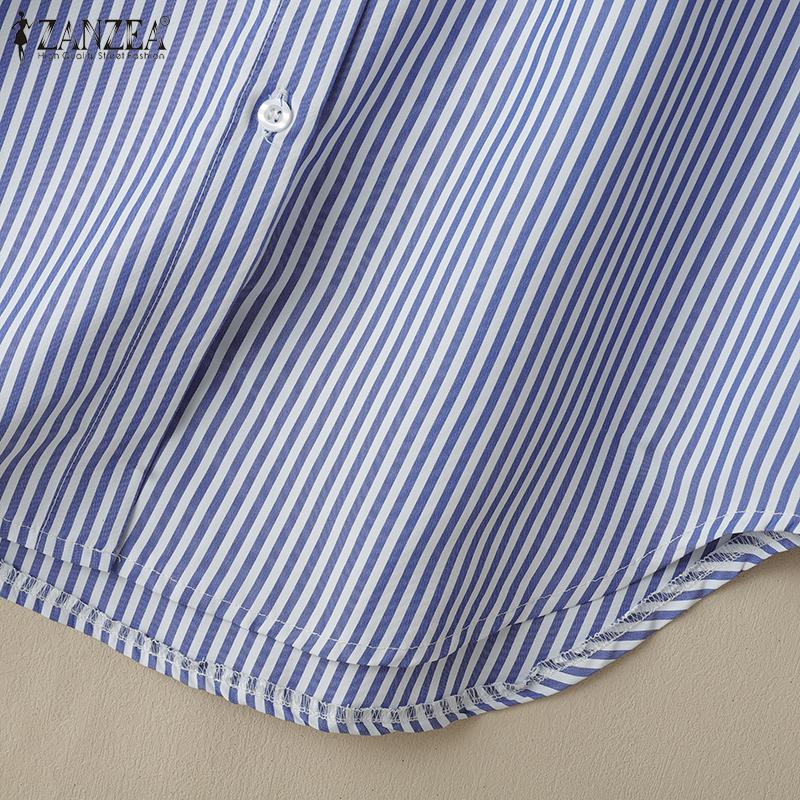 ZANZEA Women Turn Down Collar Loose 3/4 Sleeve Stripe Blouse