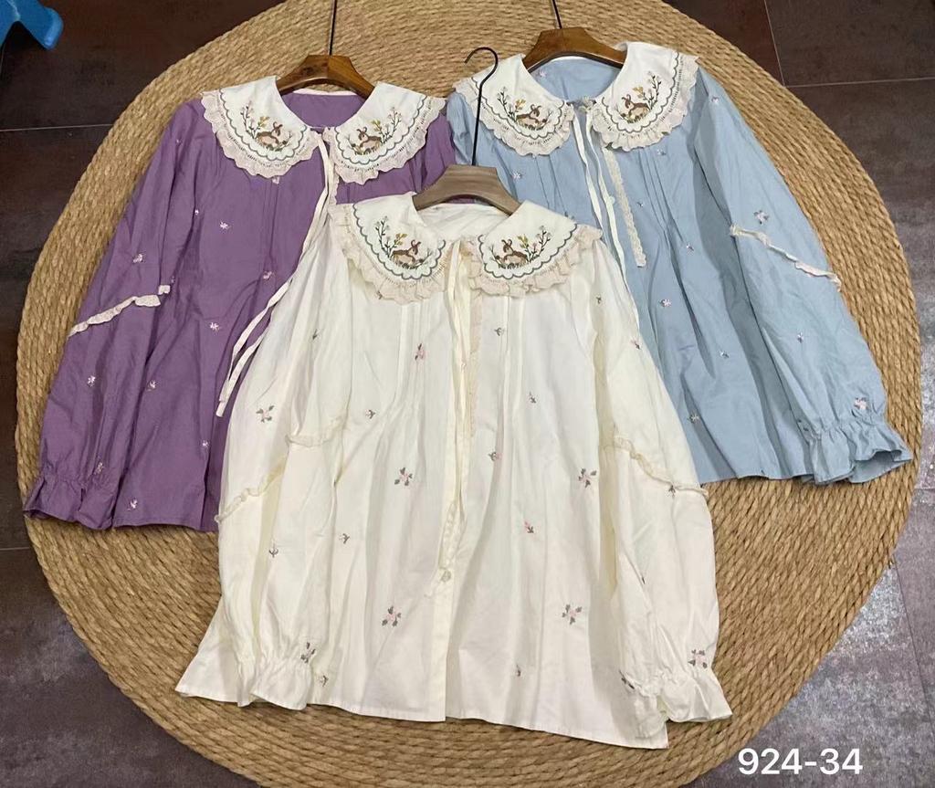 1116 Spring New Women's Lapel Japanese Cotton and Linen Shirt Loose Shirt Top Cardigan Embroidery Mori