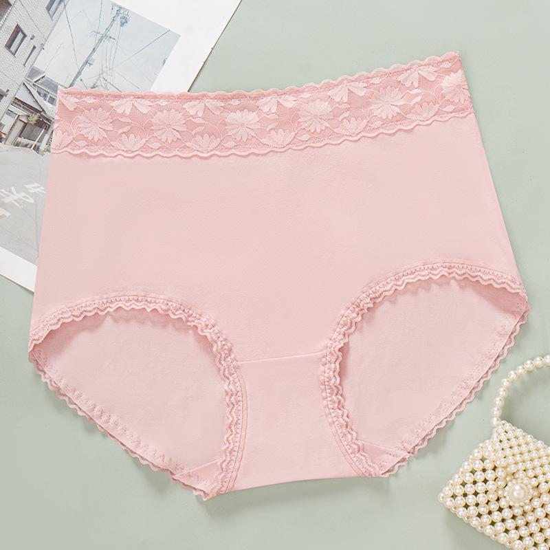 High Waist Plus Size Lace Trim Cotton Panties - Seamless, Breathable, with Abdomen Control and Antibacterial Properties.