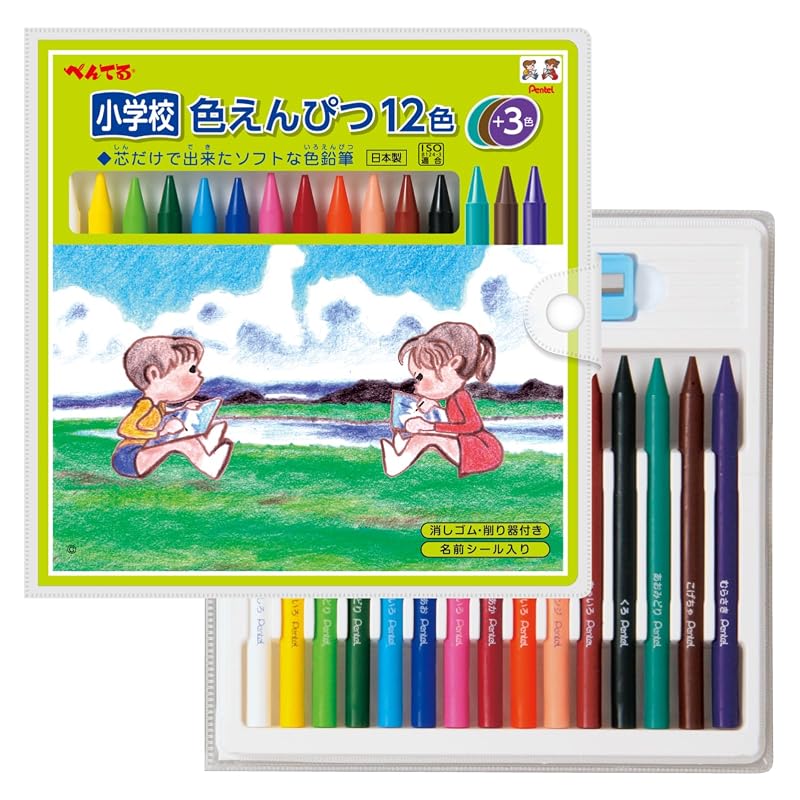 Pentel Elementary School Colored Pencils, 12 Colors + 3 Colors, GCG1-12P3