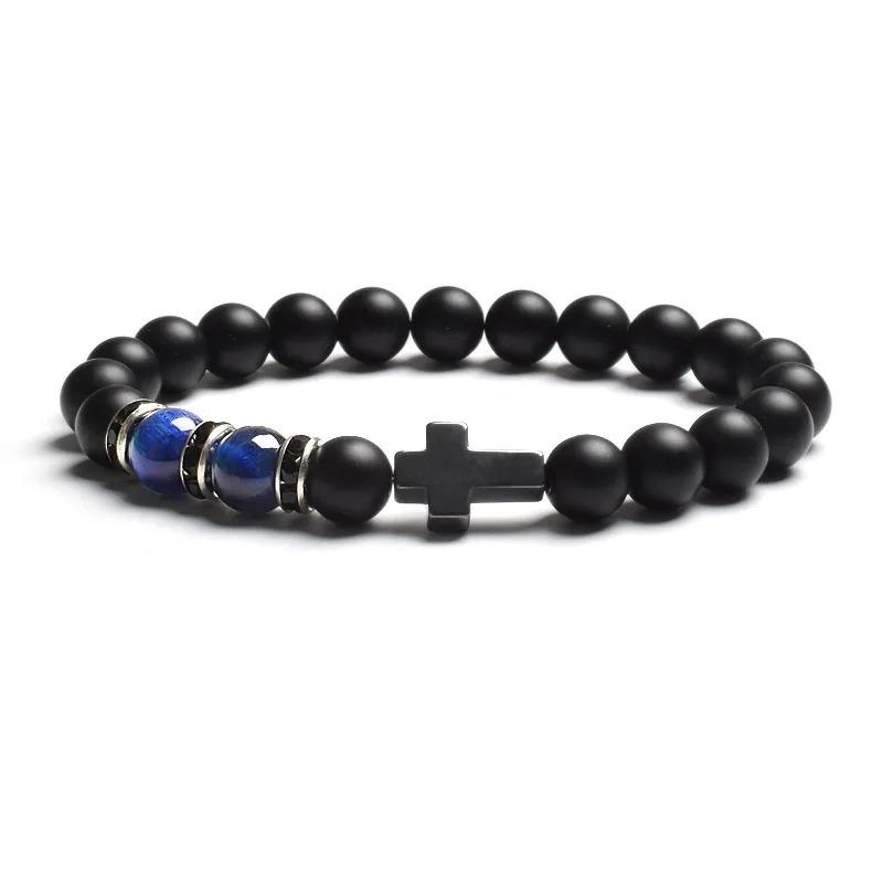 Fashion Religion Cross Men Women 8mm Natural Stone Tiger Eye & Black Matte Agates Bead Bracelet Elastic Bracelet Bangle Jewelry