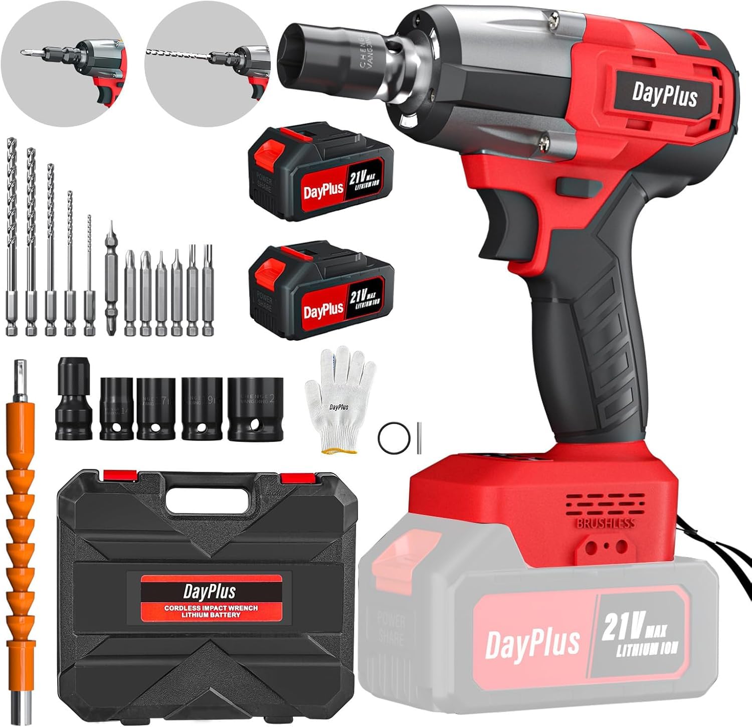 

DAY PLUS 21V Cordless Impact Unbrushed Makita Includes Two LED Automotive Maintenance Red Wrench, 550N.m, Motor, Compatible, Batteries, 1500mAh,