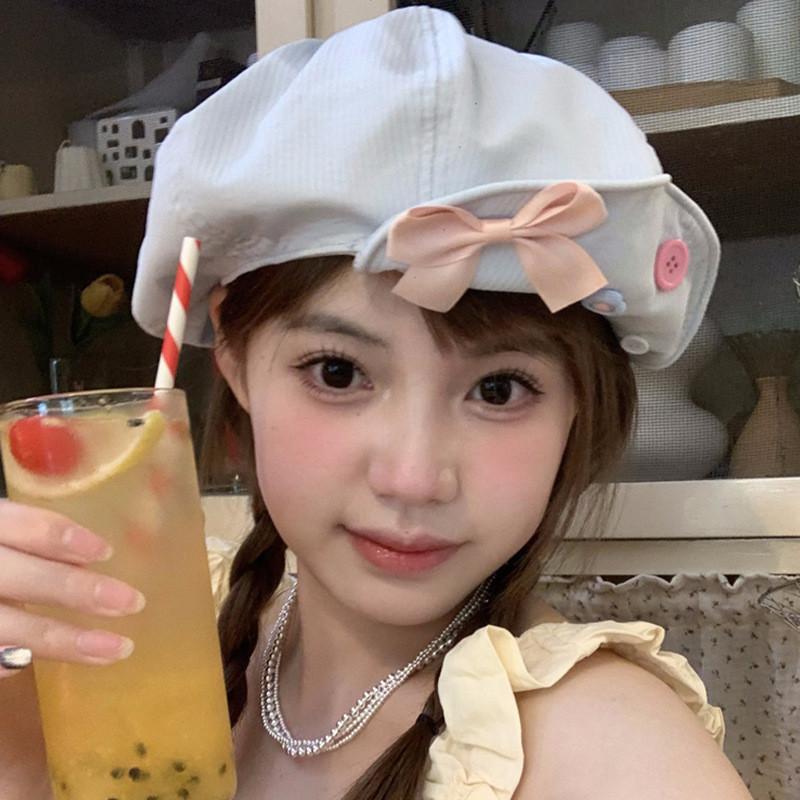 Stylish Japanese Sweet Bowknot Button Cloud Beret Hat For Women In Summer Lightweight Versatile Design