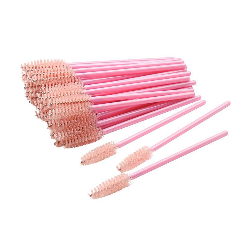 50-Pack Disposable Eyelash Brushes - Portable Pink-Handled Makeup Tool for Eyebrow and Eyelash Application.
