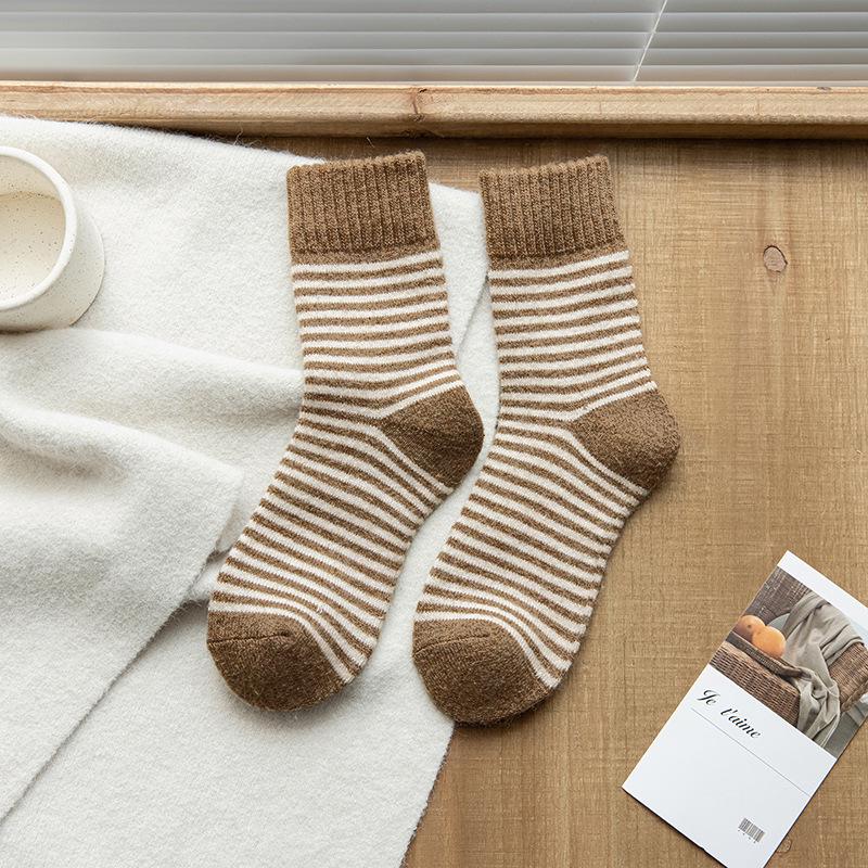 Terry Damen Colorblock Gestreifte Mid-Calf Socken - Winter Warm, Vielseitige Dicke Haussocken