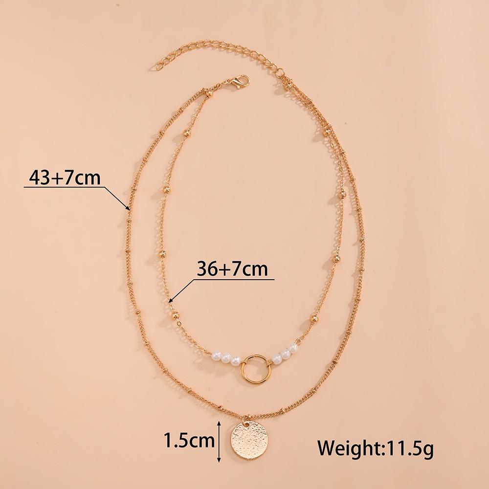Personality, geometric disc pendant, pearl double stacked women's necklace