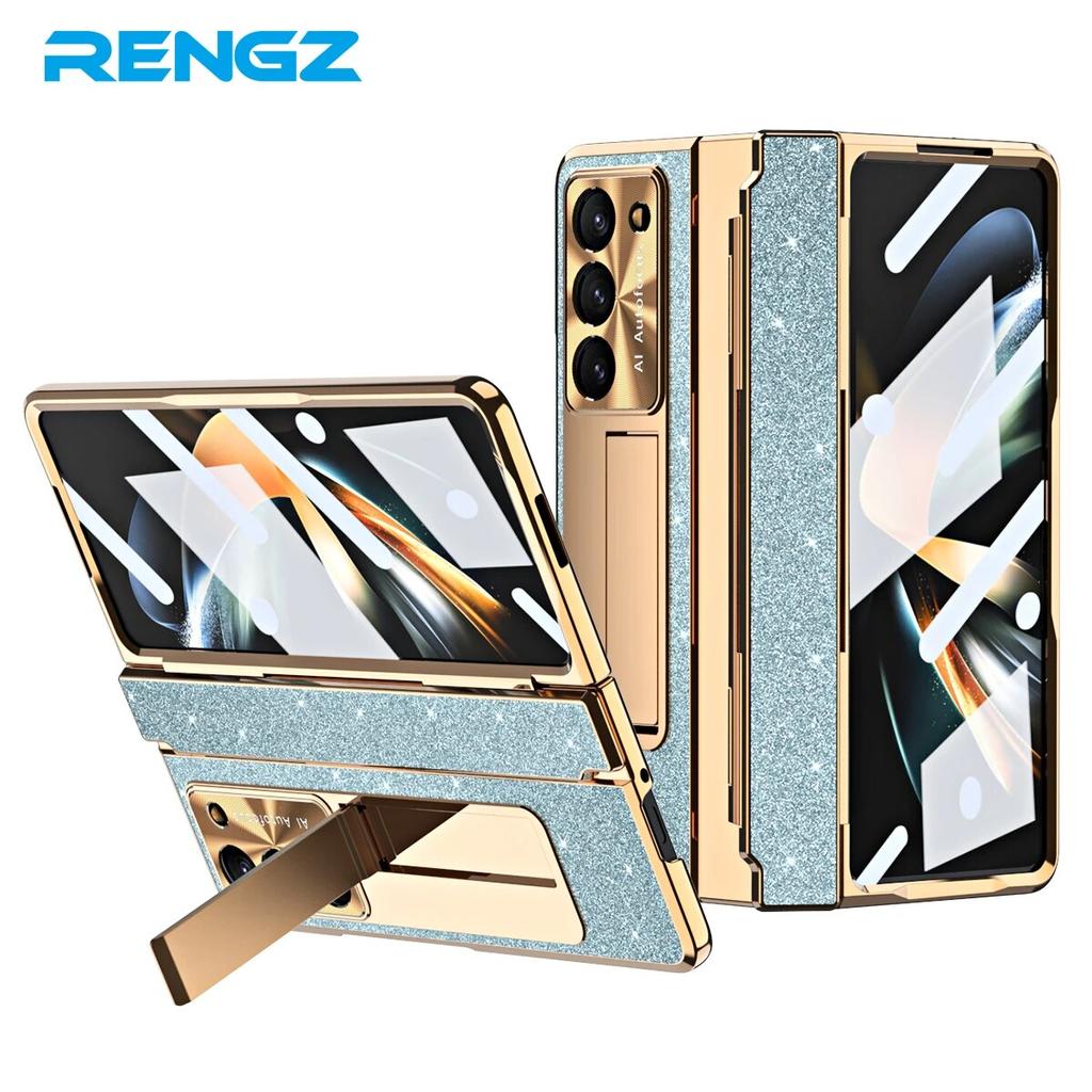 Luxury Plating Leather Bracket Hinge Protection Case for Samsung Galaxy Z Fold 5 4 3 Case with Screen Protector Cover