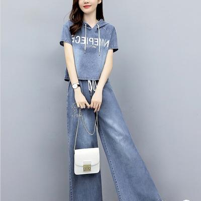 Casual Fashion Set Women's Summer Spring Women's Wear Cowboy Wide Leg Pants Two Piece Sets