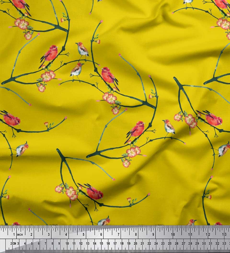

Японська креп-атласна тканина Soimoi Branch, Blossom & Robin Bird Print Тканина на метр 42 дюйма 42 Inch Wide - Poly Crepe жовтий