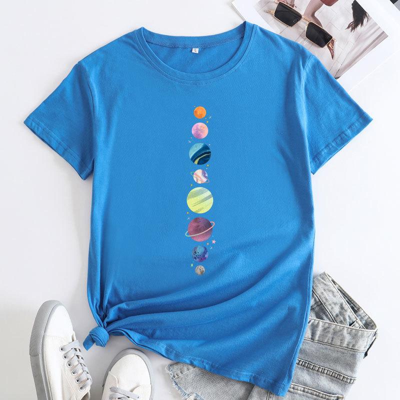 Summer Round Neck Planet Pattern Printed Top Fashionable Casual Short Sleeved Women's Pure Cotton T-shirts