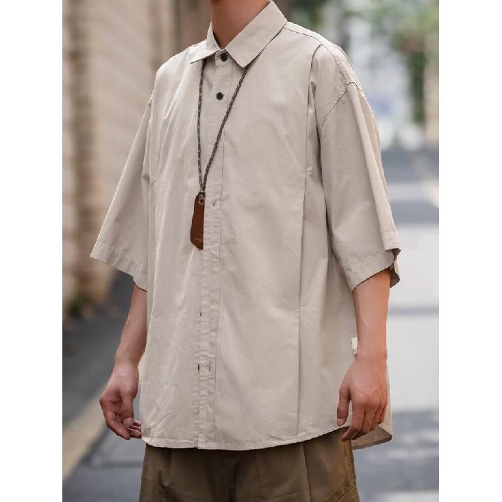 Hong Kong Style Retro Short Sleeved Shirt Men's Summer Japanese Loose Workwear Casual Five Quarter Sleeved Top Jacket