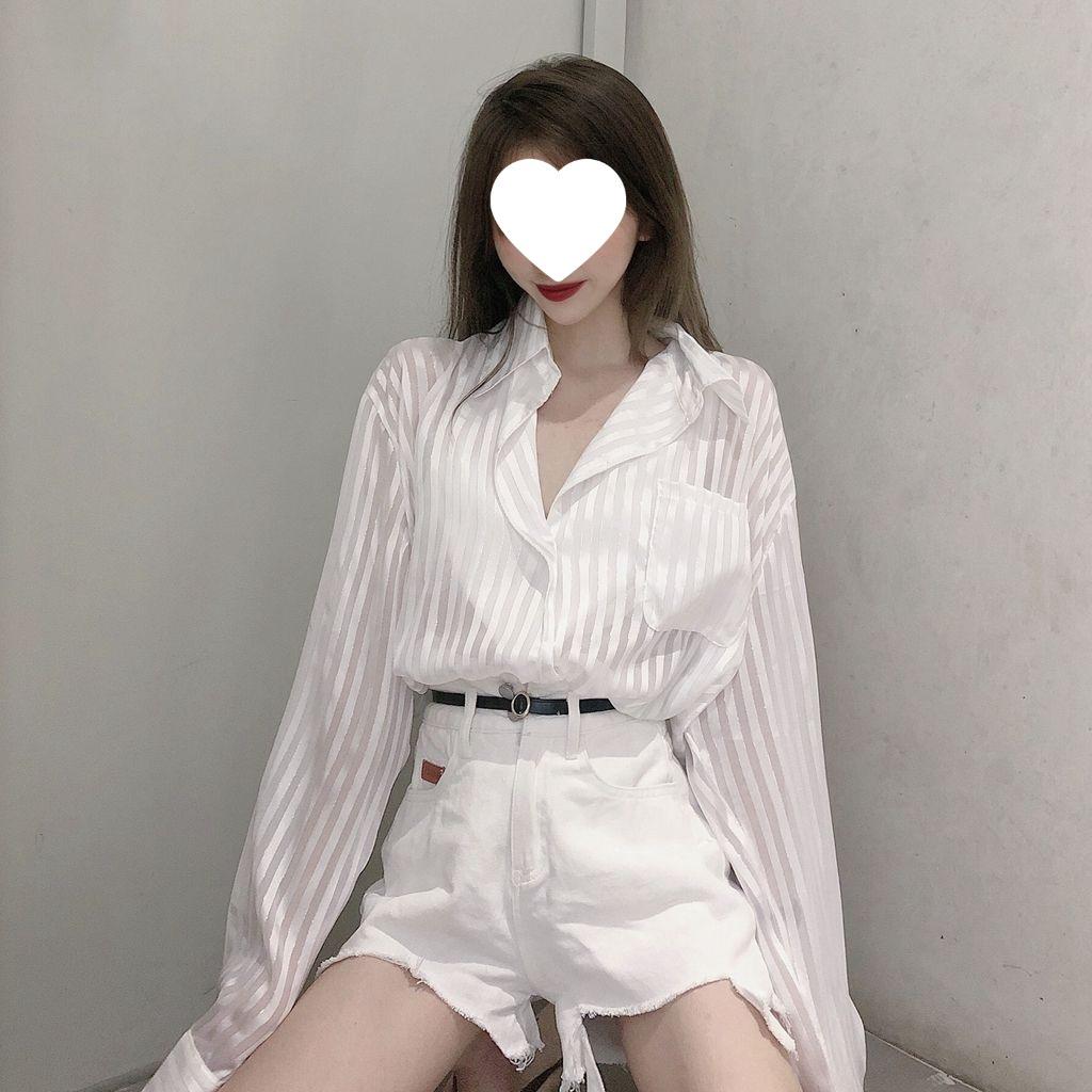 Women's White Striped Long Sleeve Silk Shirt - Loose, Versatile, Sun Protection Jacket for Summer