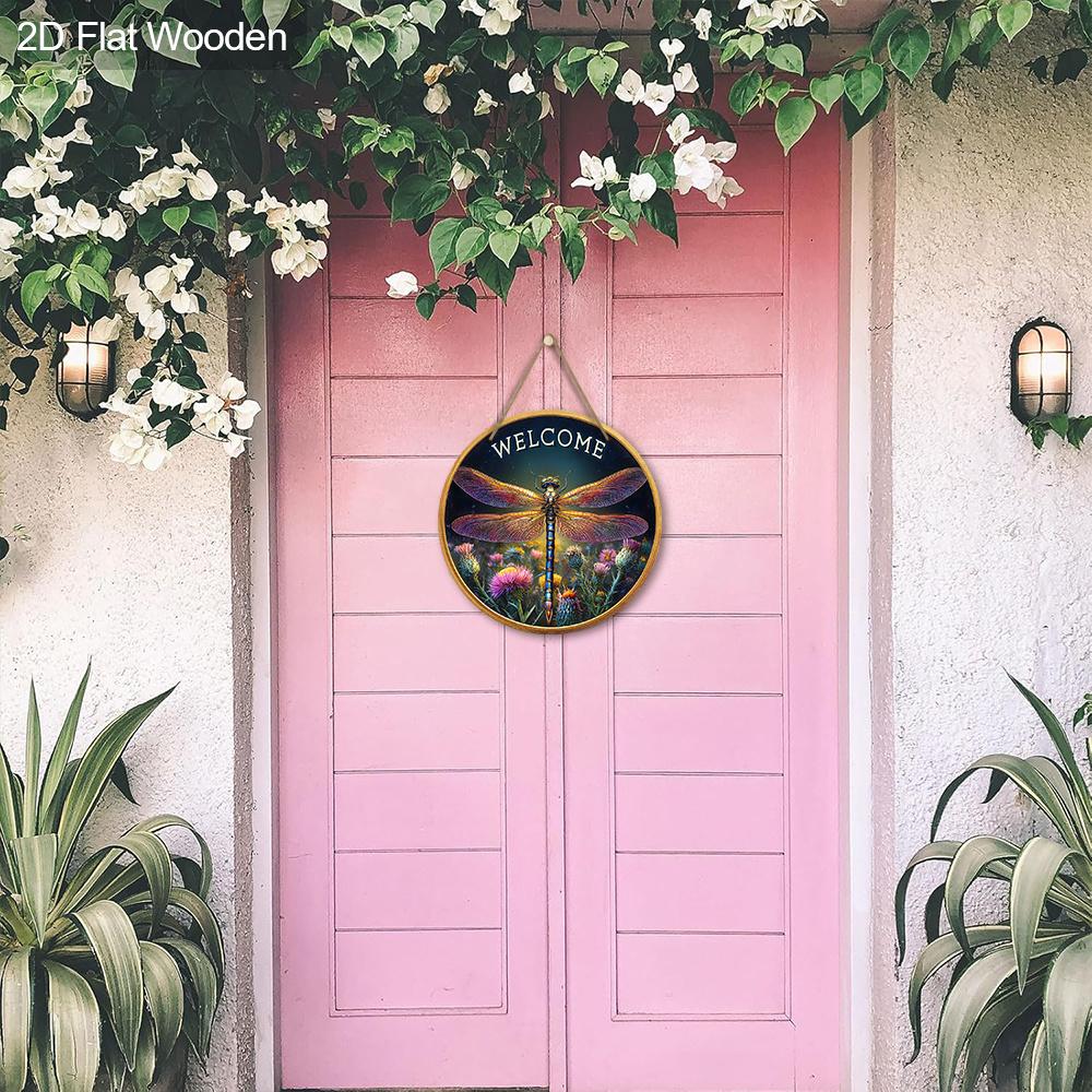 Rustic Wooden Welcome Sign with Dragonfly Pattern - Decorative Hanging Plaque for Front Door, Wall Decoration