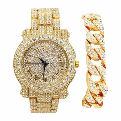 Bling-ed Out Round Luxury Men's Watch with Bling-ed Out Cuban Bracelet - L0504B - Gold/Gold