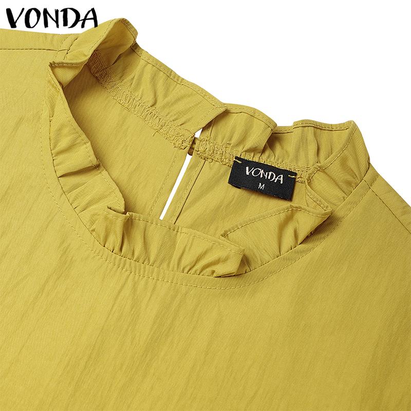 VONDA Women Casual Ruffled Round Neck Summer Short Puff Sleeve Pleating Blouse